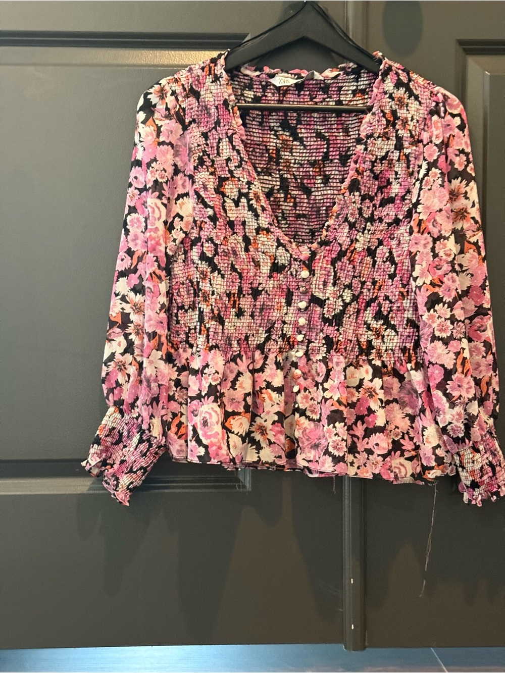 Zara Pink and Black Floral Smocked Crop Top